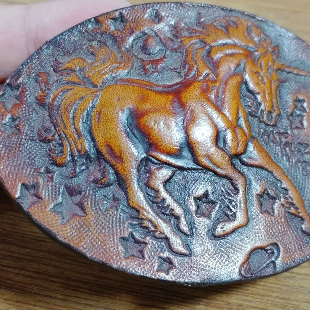 Vintage Leather Unicorn Belt Buckle Oval Carved Margical Mythical SIGNED 1983